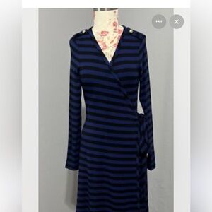 Banana Republic Navy and Black Striped Long Sleeve Wrap Dress with gold accents